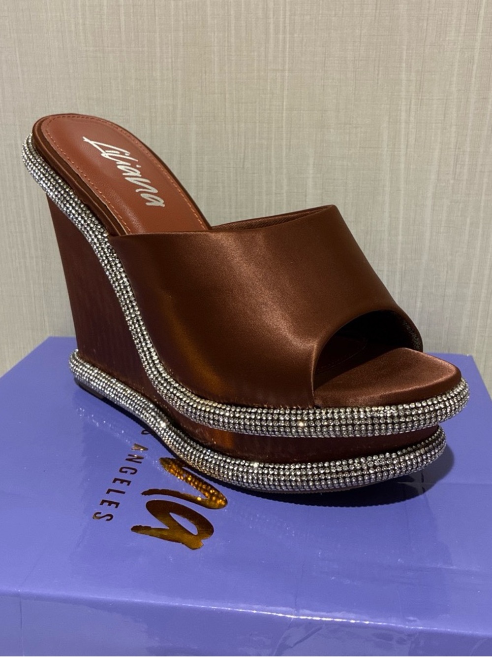 Liliana Brown Satin Wedge Slide with Crystal Trim